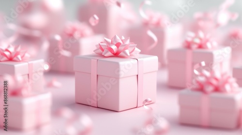 Arrangement of pink gift boxes adorned with elegant bows and flowing ribbons, captured in a soft and dreamy focus. Birthday and love celebration party concept.	