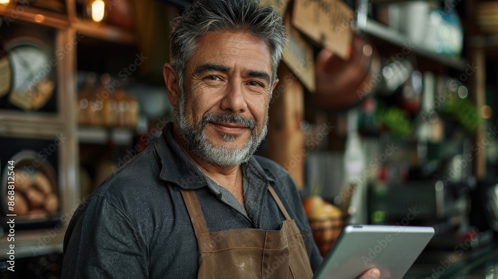 Obraz premium Man with tablet in apron