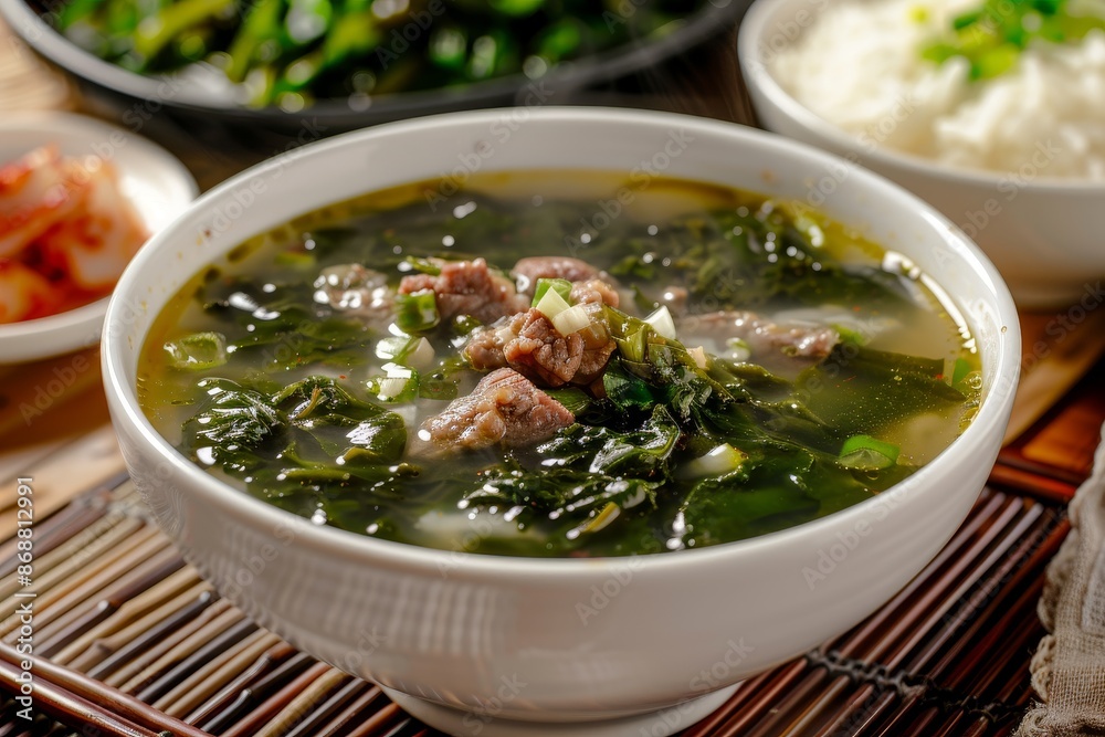 Birthday seaweed soup with meat in white bowl with boiled rice Traditional Korean dish for health and pregnancy Birthday seaweed soup with meat in white bowl with boiled rice Traditional Korean dish for health and pregnancy