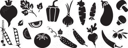 Cartoon vegetable icon, black silhouettes. Tomato, broccoli, carrot, onion, radish, corn, beetroot, pepper, cucumber, potato, mushroom, eggplant, pea, olive. Organic food. Farm vector illustration