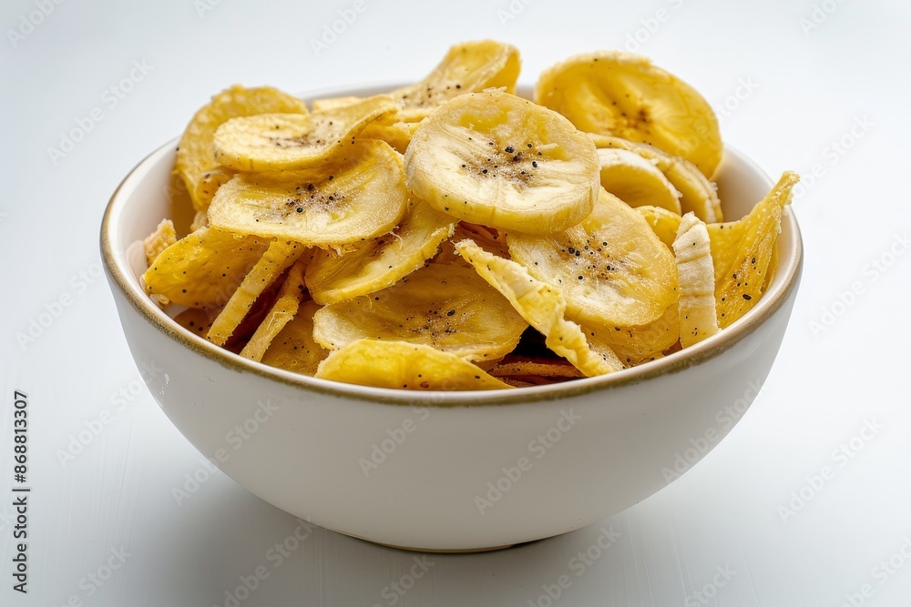 Black Pepper Banana Chips arranged in a white bowl with white background Black Pepper Banana Chips arranged in a white bowl with white background