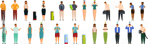 Recharge human icons set. People feeling good and bad with full and empty battery icon representing level of energy and fatigue
