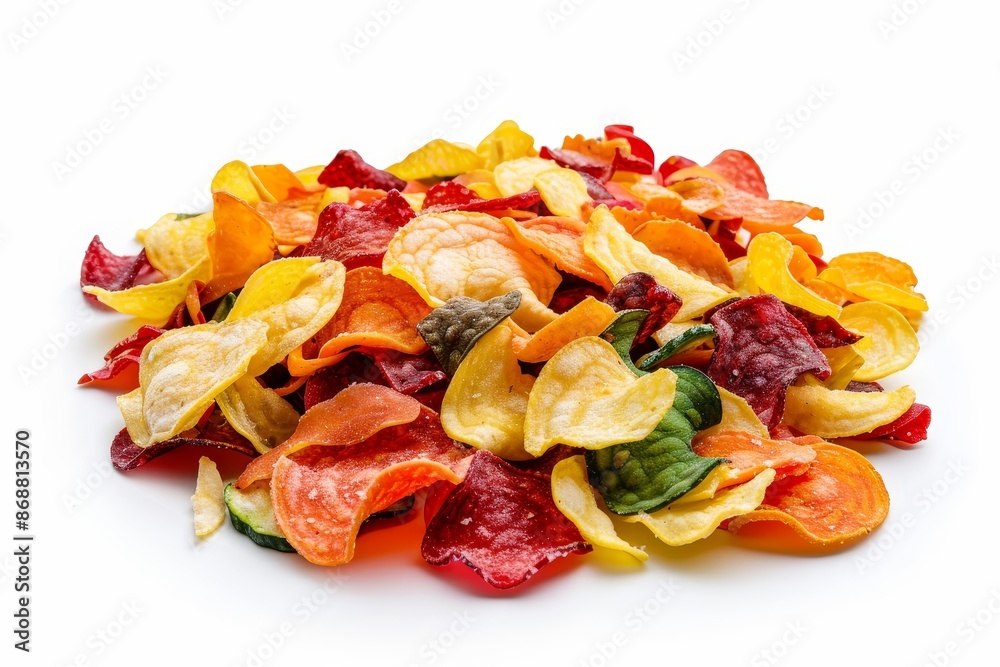 Vegetable chips assortment on white backdrop Vegetable chips assortment on white backdrop