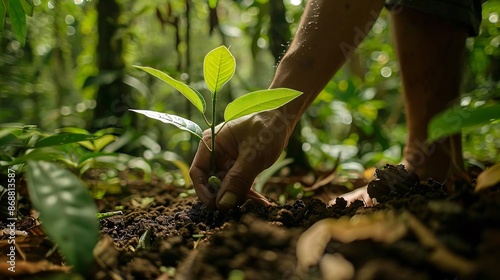 A hand gently nurturing a sapling in a lush forest, symbolizing renewal and conservation efforts, captured in Documentary Photography styles, emphasizing ecosystem preservation