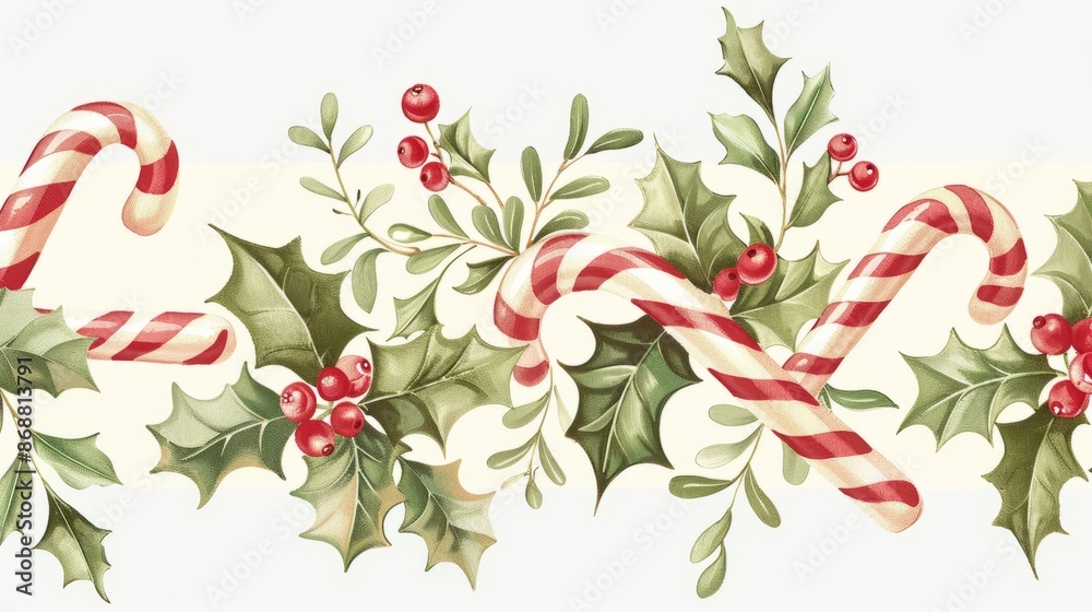 A continuous pattern of intertwined candy canes with green holly leaves, forming a cheerful and classic holiday design