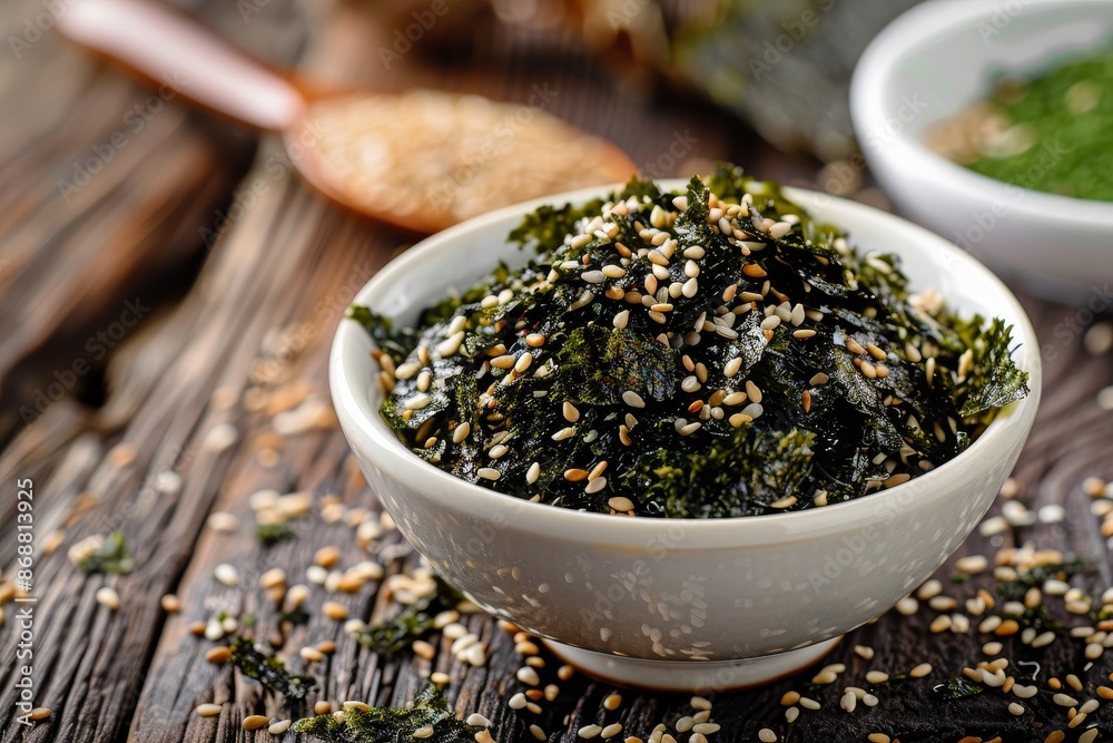 Vegetarian seasonings with torn nori and sesame seed in white bowl Traditional Japanese condiment Vegetarian seasonings with torn nori and sesame seed in white bowl Traditional Japanese condiment