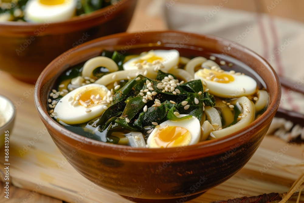 Vegetarian udon soup with eggs seaweed sesame Vegetarian udon soup with eggs seaweed sesame