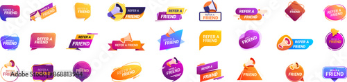 Refer friend icons set. Colorful collection of refer a friend badges is announcing big promotion with megaphone