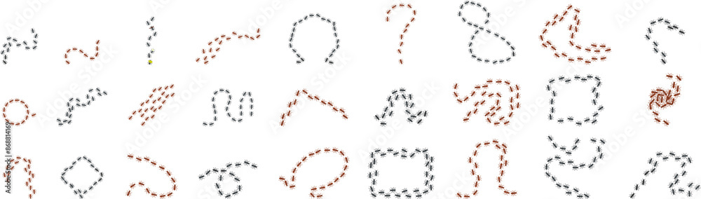 Fototapeta premium Ant trail icons set. Different shapes created by a colony of ants marching in a row
