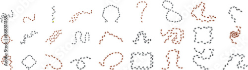 Ant trail icons set. Different shapes created by a colony of ants marching in a row