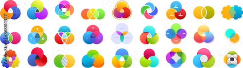 Venn diagram icons set. Colorful set of venn diagrams with overlapping circles, showing a common area, for use in a business infographic presentation
