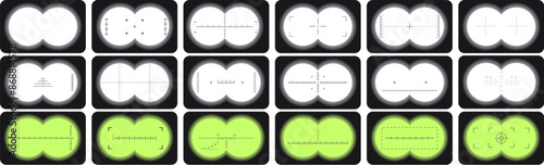 binoculars viewfinder icons set. Set of various crosshairs, showing different types of reticles for aiming and targeting