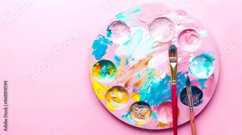 Colorful artist palette with brushes on a bright pink background. AI-generated image showing creative and artistic tools. Vivid colors and clean composition make this suitable for design projects. AI