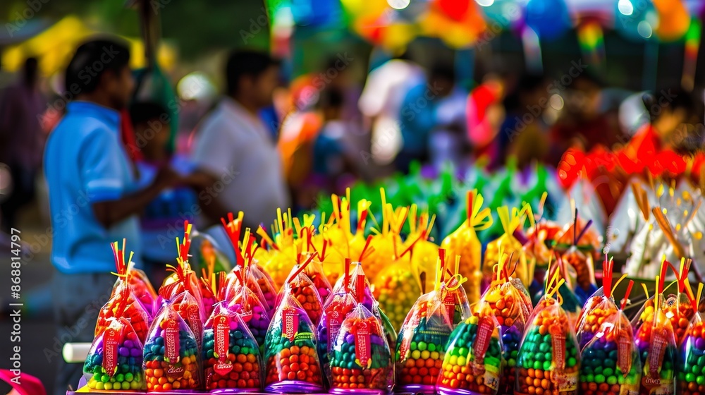 Obraz premium Vibrant candy-filled bags at colorful outdoor market, food and culture concept