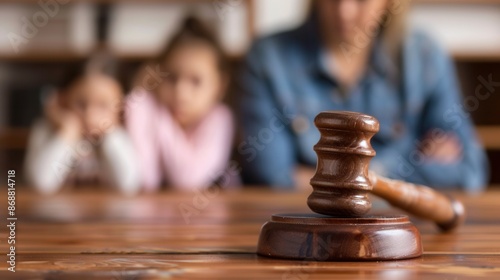 A wooden gavel sits on a table, with two blurred children and a woman in the background. The image represents the concept of child custody. Generative AI photo