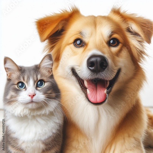 Portrait of Happy dog and cat that looking at the camera together, friendship between dog and cat.