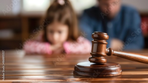 A wooden judges gavel sits on a table with a blurred child and adult in the background. Generative AI