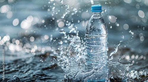 Small plastic water bottle with water splash background