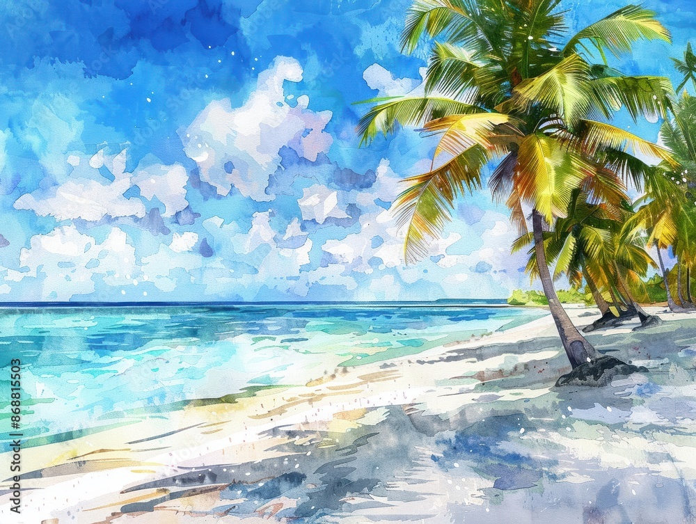 Obraz premium Watercolor tropical beach with palms, tropical destinations, relaxation and beauty