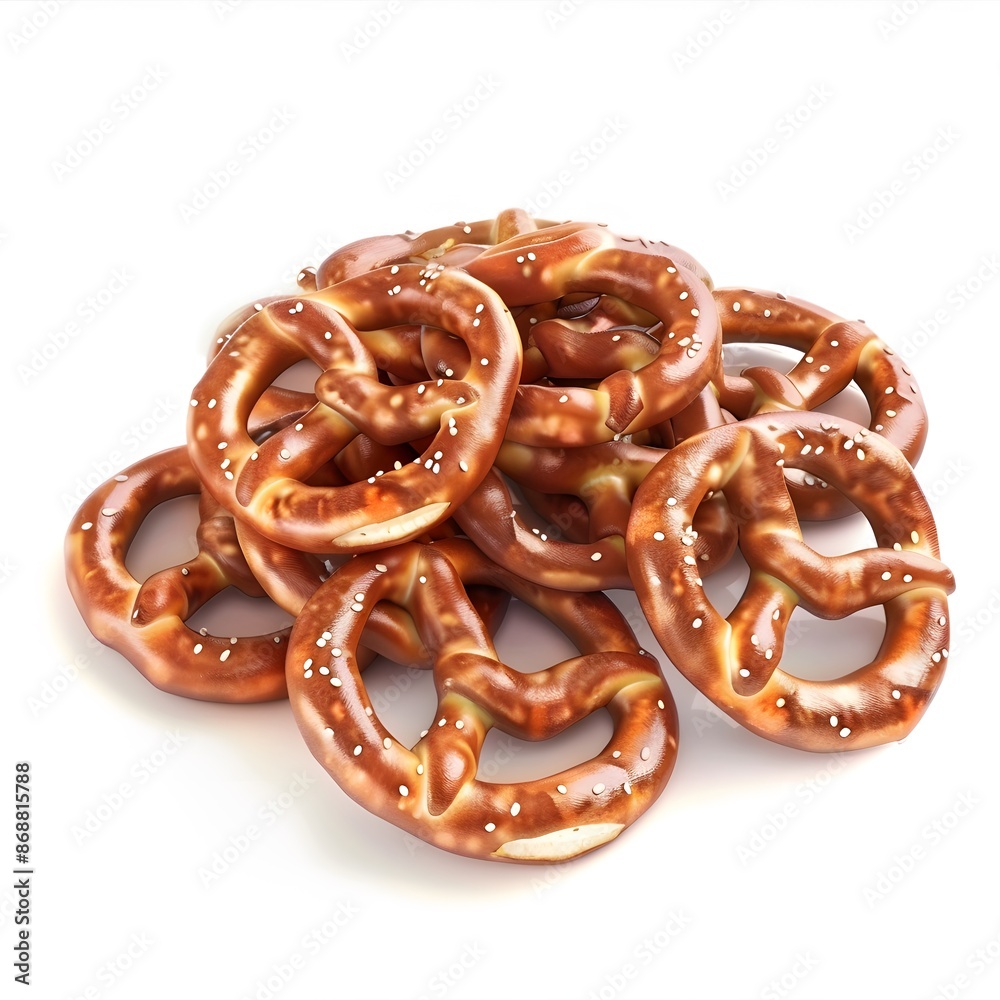 Pretzel Pile, Delicious Soft Pretzels Stacked Together with Salt Crystals Isolated on White Background Pretzel Pile, Delicious Soft Pretzels Stacked Together with Salt Crystals Isolated on White Background