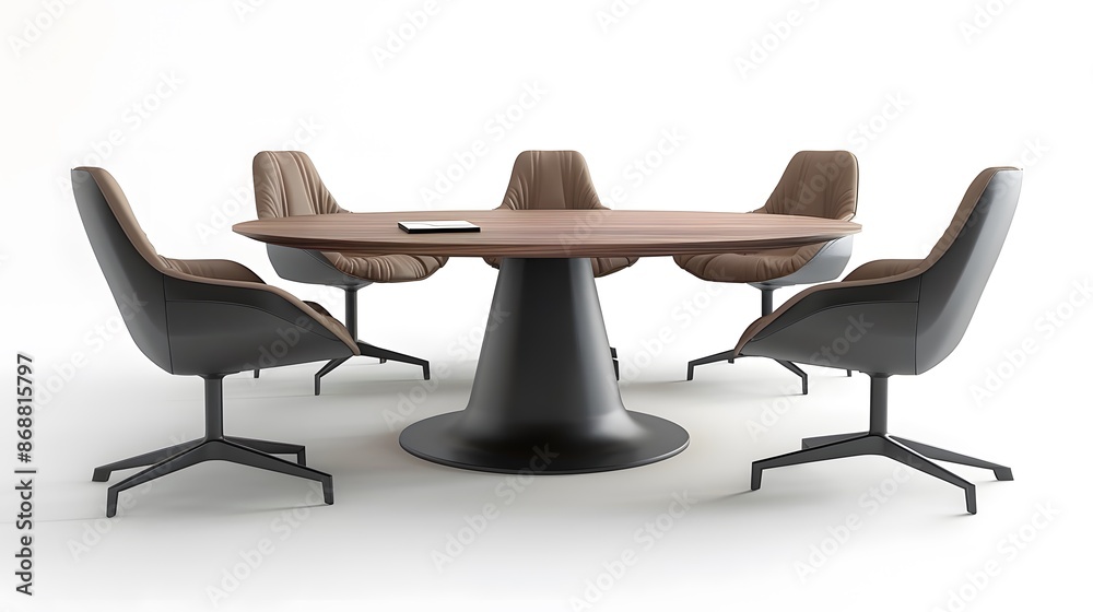 Fototapeta premium Sleek Round Office Meeting Table with Five Beige and Black Swivel Chairs Isolated on White Background
