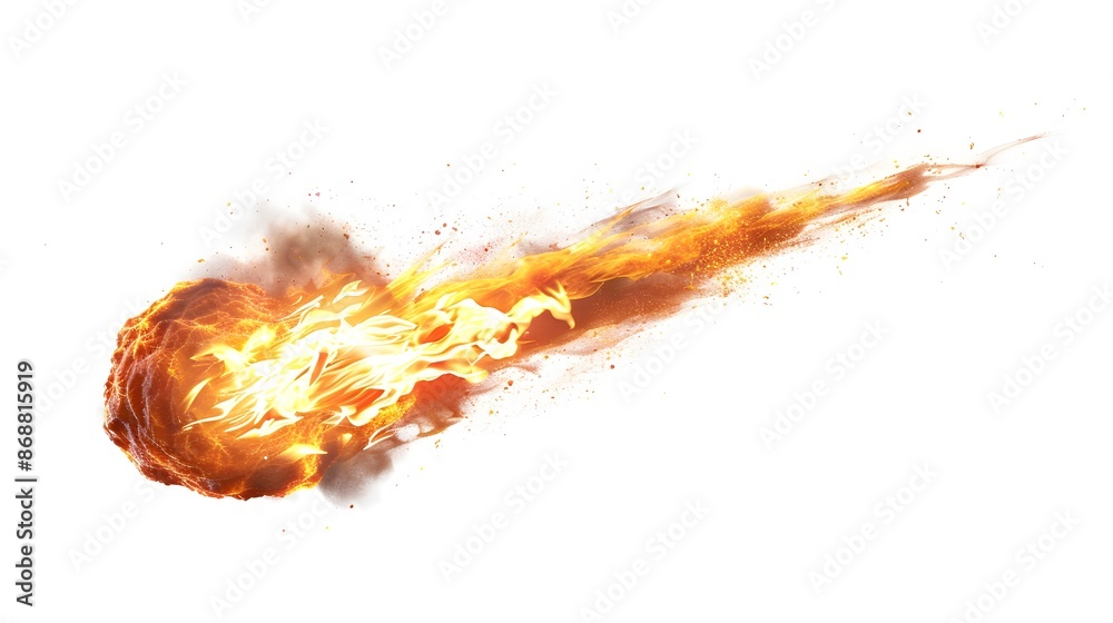 Flaming Meteor with Long Fiery Trail Isolated on White Background Flaming Meteor with Long Fiery Trail Isolated on White Background