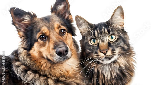 Happy Dog and Cat Portrait Looking at Camera Isolated on White Background © HY