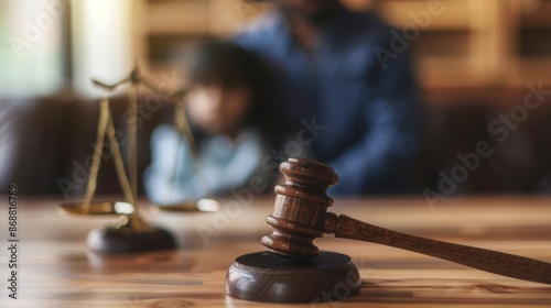 A wooden gavel rests on a wooden surface, with a scale of justice blurred in the background, and a child in the distance. The scene alludes to child custody legal proceedings. Generative AI