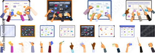 Scrum board icons set. Project managers writing on scrum task board, agile team working, software development planning icons set