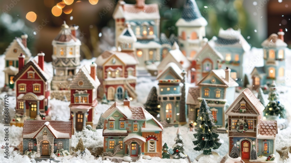 A cozy, snow-covered village with charming houses, twinkling lights A cozy, snow-covered village with charming houses, twinkling lights