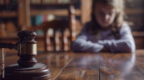 Close up of a judges gavel with a blurred child in the background, suggesting a child custody hearing. Generative AI