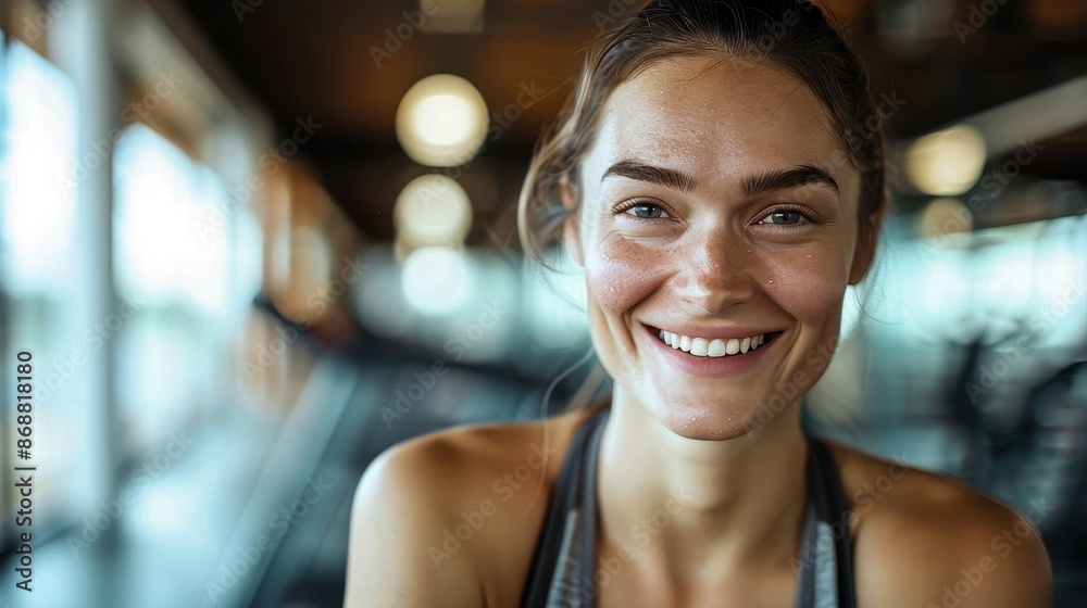 A young woman with a radiant smile, still sweating post an intense workout session, embodies energy and determination, with gym equipment as the backdrop. A young woman with a radiant smile, still sweating post an intense workout session, embodies energy and determination, with gym equipment as the backdrop.