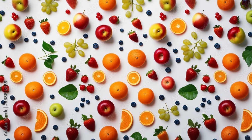 A seamless flat lay pattern featuring a vibrant assortment of fruits arranged on a white background. Perfect for use in food photography, summer-themed designs, kitchen decor, and healthy lifestyle A seamless flat lay pattern featuring a vibrant assortment of fruits arranged on a white background. Perfect for use in food photography, summer-themed designs, kitchen decor, and healthy lifestyle