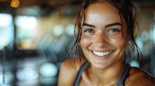 A young woman with a big smile and wet hair, still sweaty from her intense workout session at the gym, captures the essence of determination and satisfaction. photo