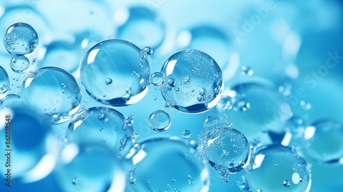 Oxygen bubbles in clear blue water, close-up. Mineral water. Water enriched with oxygen.