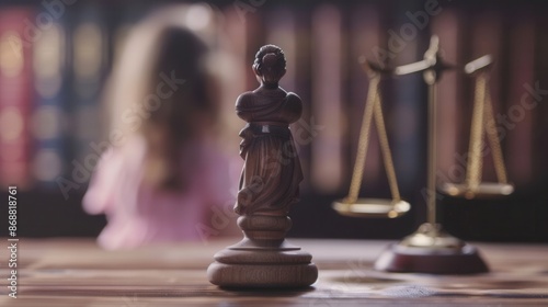 A close-up shot of a judges gavel with a blurred child in the background, representing the concept of child custody legal proceedings. Generative AI