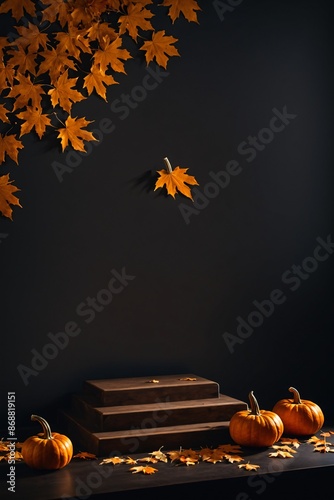 Halloween background with podium for display product, maple leaves, orange pumpkins on dark table.