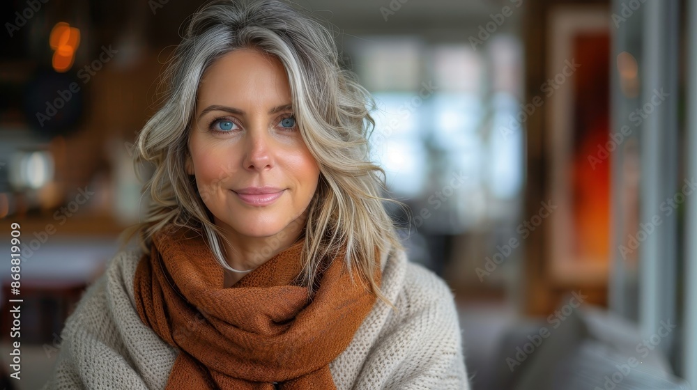A relaxed woman with blonde hair and blue eyes is wrapped in a stylish brown scarf, smiling softly, and positioned in a modern, warmly lit interior setting. A relaxed woman with blonde hair and blue eyes is wrapped in a stylish brown scarf, smiling softly, and positioned in a modern, warmly lit interior setting.