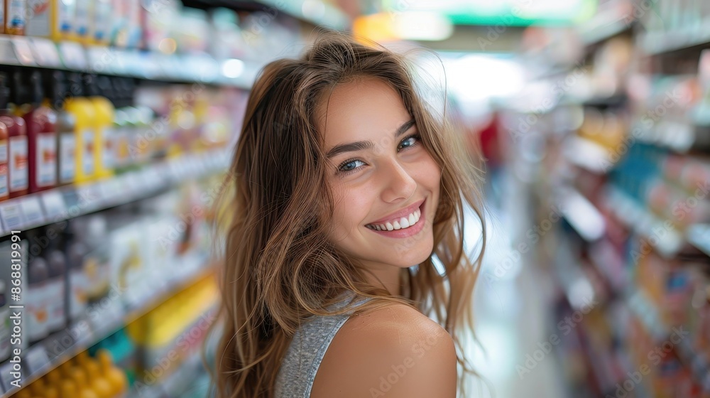 A joyful young woman stands smiling in a store aisle, surrounded by well-arranged products, enjoying her leisurely shopping experience on a bright day. A joyful young woman stands smiling in a store aisle, surrounded by well-arranged products, enjoying her leisurely shopping experience on a bright day.