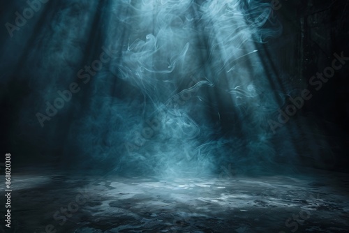 Light in a dark concrete floor with smoke background for display product.