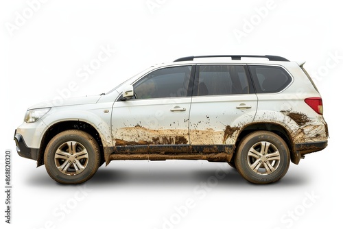 White SUV with mud stains isolated on white background