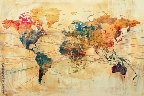 Fototapeta Naklejka Na Ścianę i Meble -  A stylized world map with intricate lines representing transportation routes connecting continents and countries. Generative AI