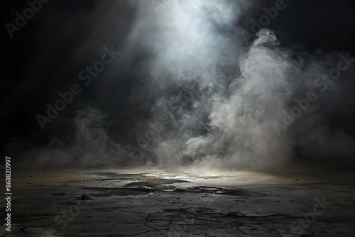Light in a dark concrete floor with smoke background for display product.