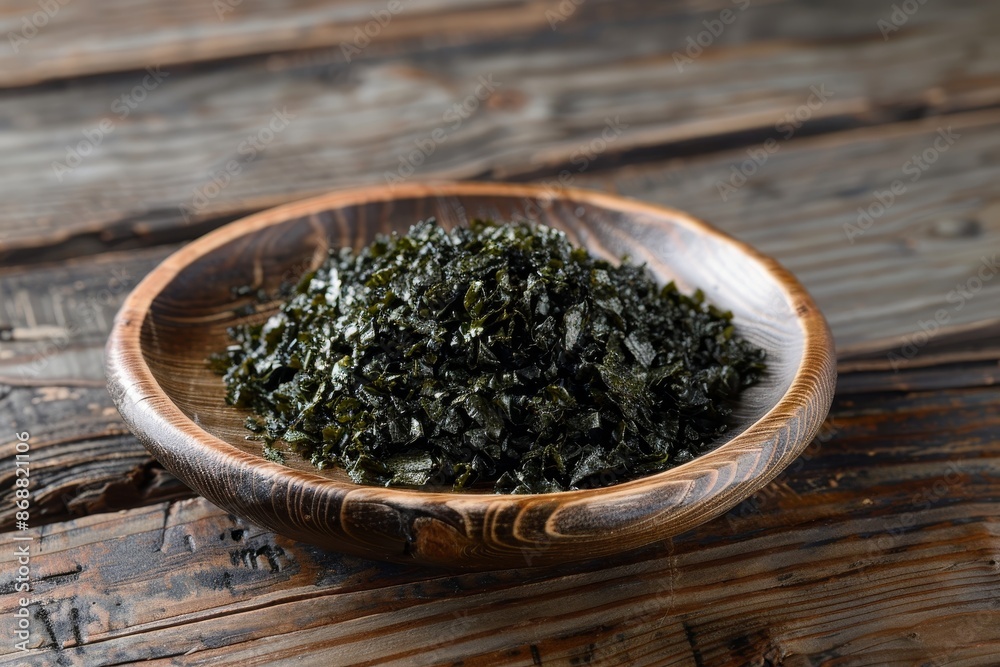 Wooden plate with dried seaweed crispy Wooden plate with dried seaweed crispy