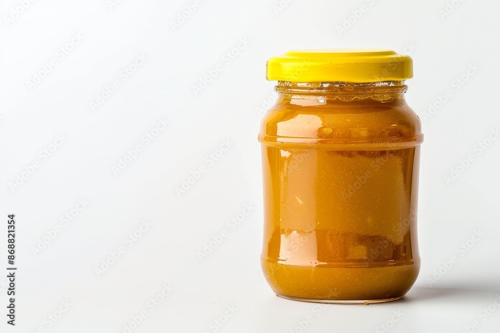 Yellow capped mango pickle jar on white surface Yellow capped mango pickle jar on white surface