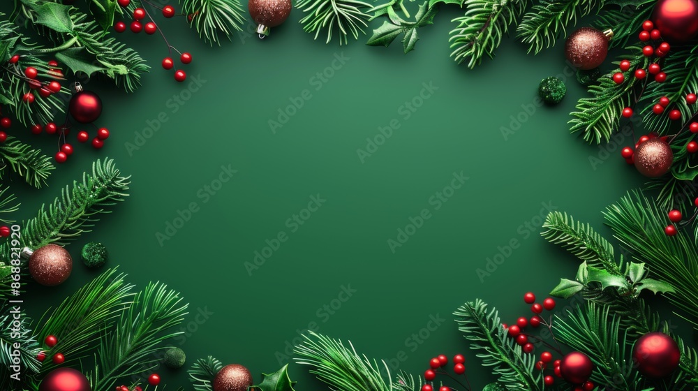 A beautiful Christmas-themed border made with lush pine branches, red berries, and holiday decorations, arranged on a solid green background to evoke festive cheer. A beautiful Christmas-themed border made with lush pine branches, red berries, and holiday decorations, arranged on a solid green background to evoke festive cheer.