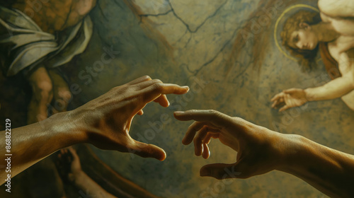Two hands reach out towards each other, surrounded by a fresco-like background, symbolizing connection and faith. © Quality Photos