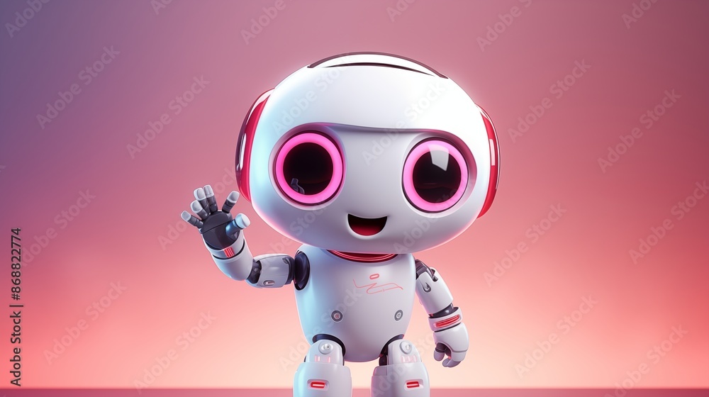 Positive cute robot pointing at a space. Copy space Positive cute robot pointing at a space. Copy space