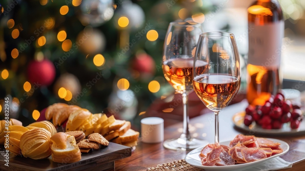 A close-up shot of a festive holiday table featuring two glasses of wine, a selection of cheeses, and a charcuterie board against a backdrop of bokeh lights and a decorated Christmas tree. A close-up shot of a festive holiday table featuring two glasses of wine, a selection of cheeses, and a charcuterie board against a backdrop of bokeh lights and a decorated Christmas tree.