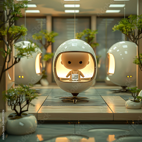 Businessman Futuristic Tradeshow 3D render of kawaii businessman minimalist tradeshow booth showcasing futuristic technology character designed cute Pixarinspired style soft rounded feature welcoming photo